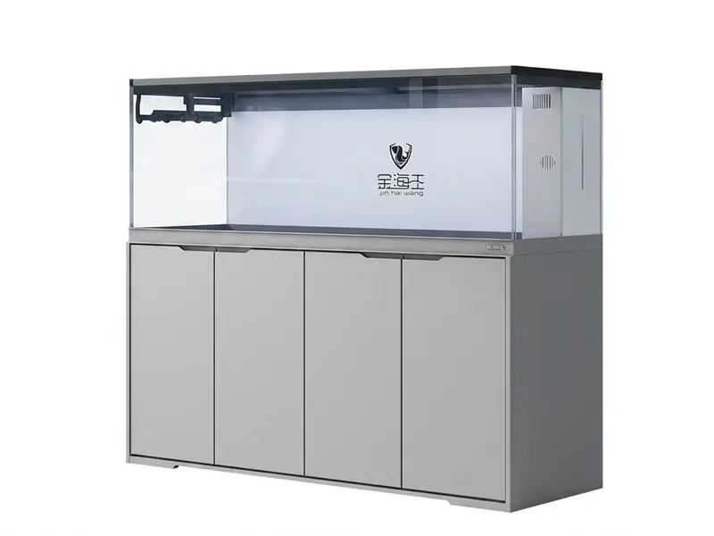 White background product photo of JHW Flying Shark Series GL-12 square aquarium with space gray aviation aluminum cabinet